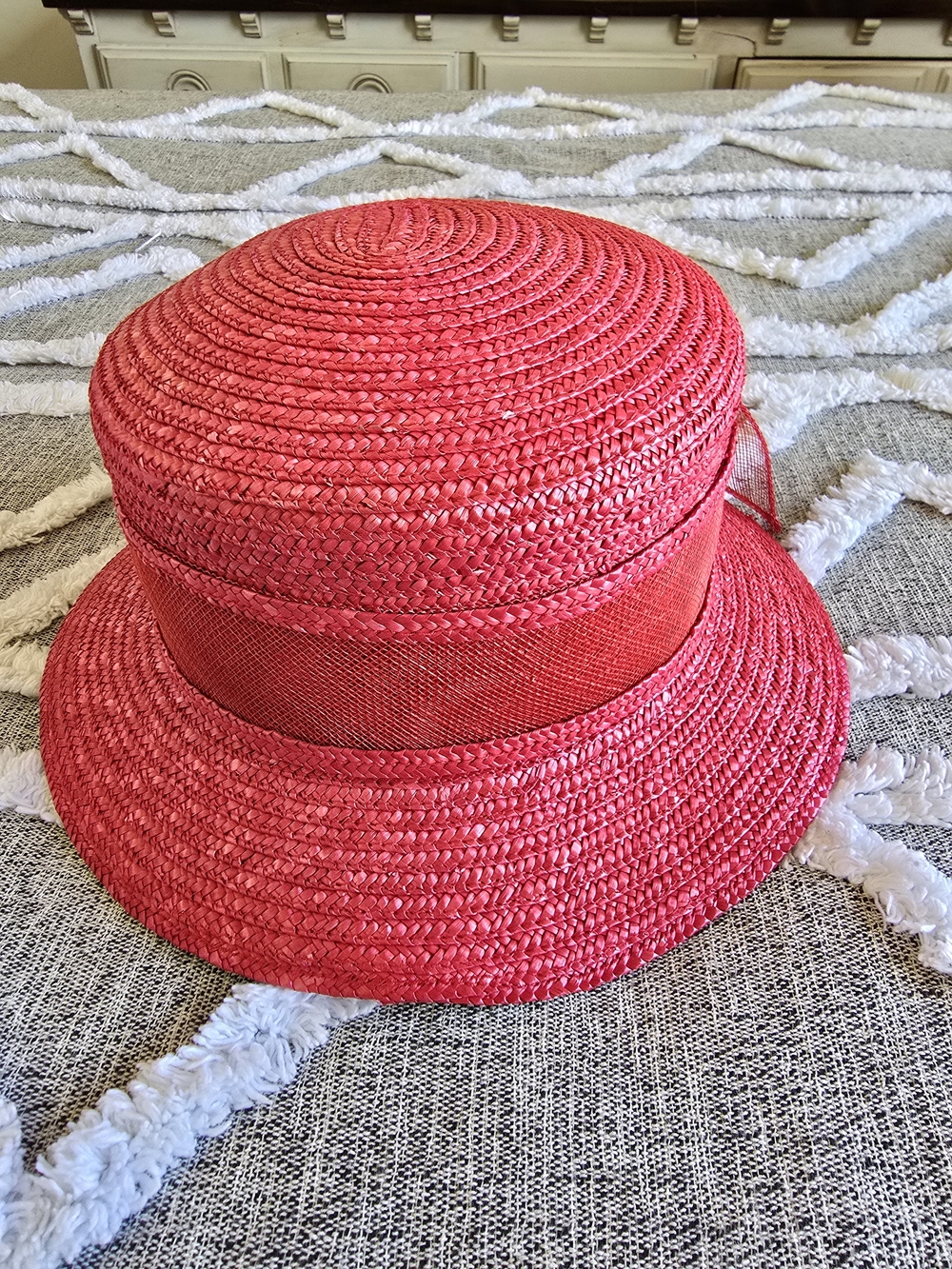 betmar Bright Red Floral Straw Cloche Hat - Picture 5 of 6